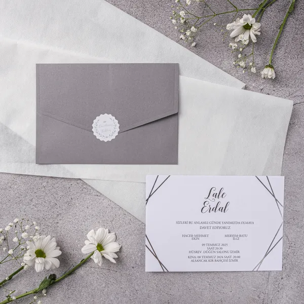 Gray Scalloped Seal Geometric Corner Wedding Invitation