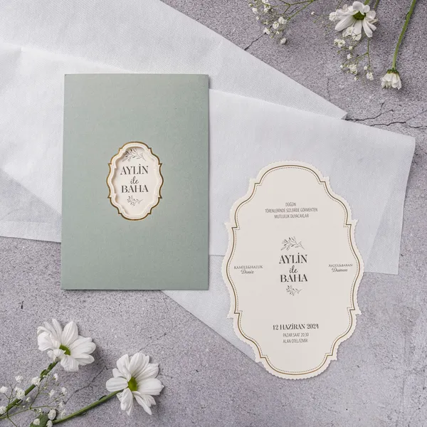 Sage Gold Ornate Die-Cut Shape Wedding Invitation