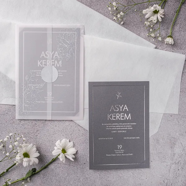 Vellum Peony Overlay Charcoal Wedding Invitation