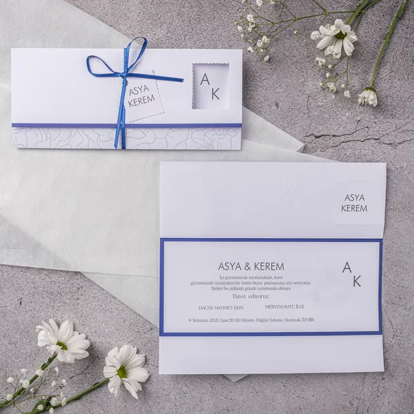 Blue Ribbon Floral Border Window Wedding Invitation