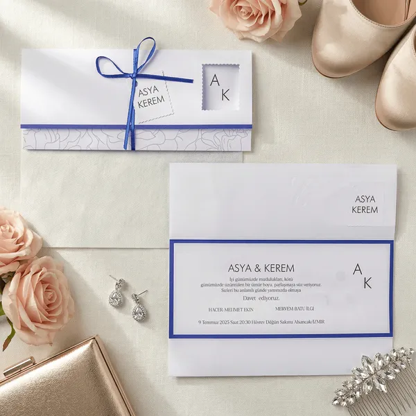 Blue Ribbon Floral Border Window Wedding Invitation