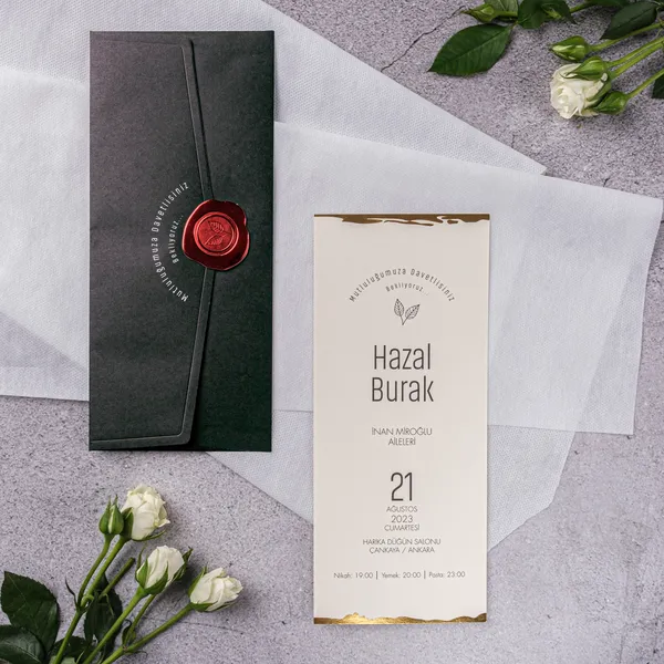 Green Red Wax Seal Gold Torn Edge Wedding Invitation