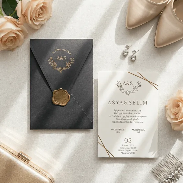 Charcoal Gold Laurel Wax Seal Corner Wedding Invitation