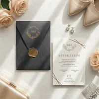 Charcoal Gold Laurel Wax Seal Corner Wedding Invitation