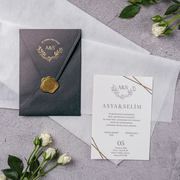 Charcoal Gold Laurel Wax Seal Corner Wedding Invitation