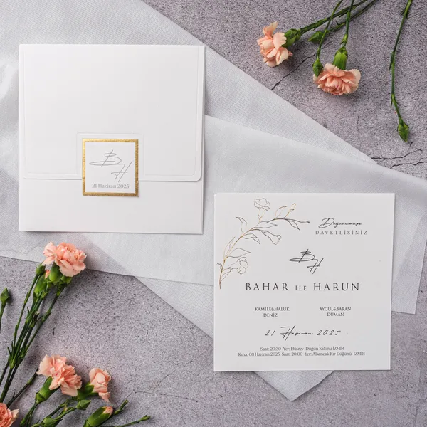 White Gold Square Label Botanical Wedding Invitation