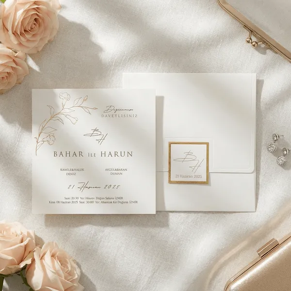 White Gold Square Label Botanical Wedding Invitation