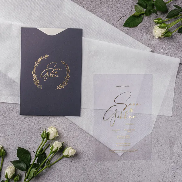 Charcoal Gold Botanical Wreath Vellum Wedding Invitation