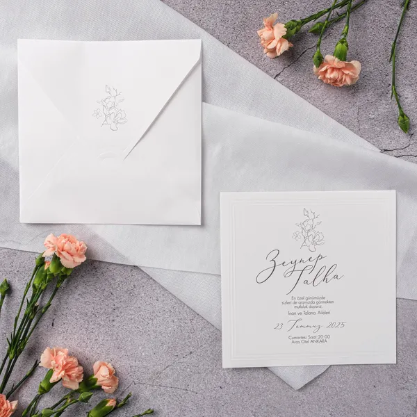 White Botanical Line Art Layered Frame Wedding Invitation