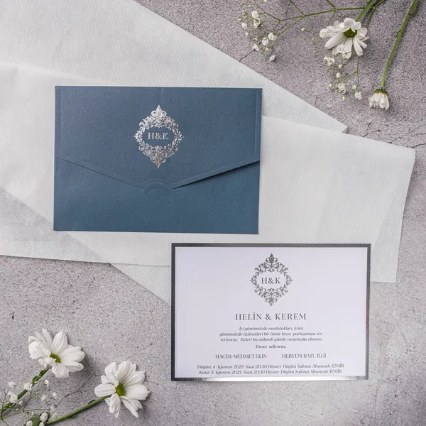 Navy Silver Ornate Diamond Frame Wedding Invitation