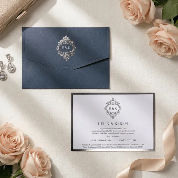 Navy Silver Ornate Diamond Frame Wedding Invitation