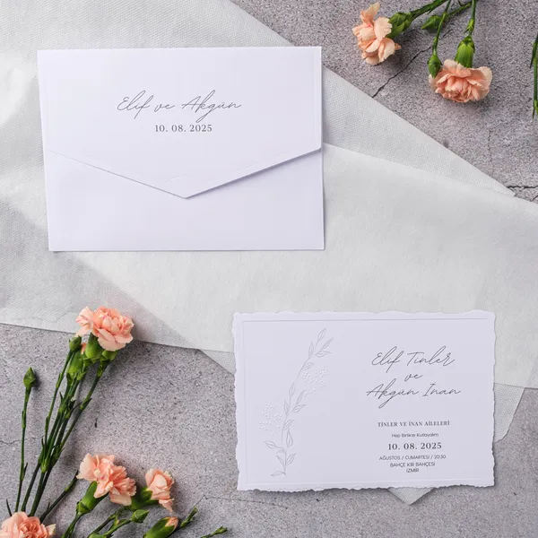 White Embossed Botanical Scalloped Edge Wedding Invitation