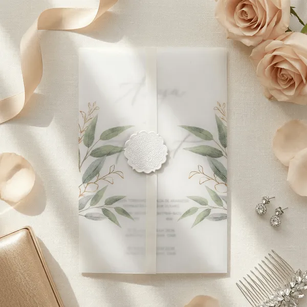 Watercolor Eucalyptus Scalloped Seal Wedding Invitation