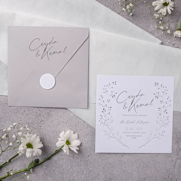Taupe Script Wax Seal Botanical Wreath Wedding Invitation
