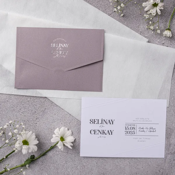 Mauve White Script Curved Line Wedding Invitation