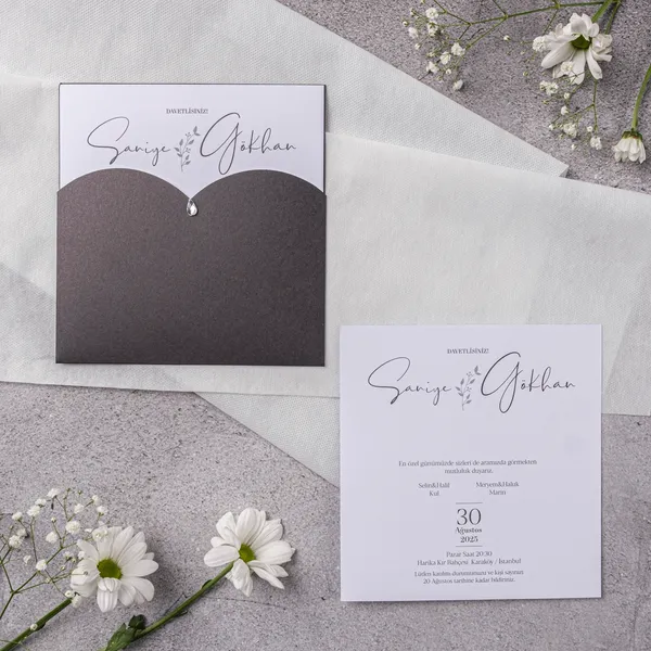 Charcoal Botanical Script Pocket Wedding Invitation