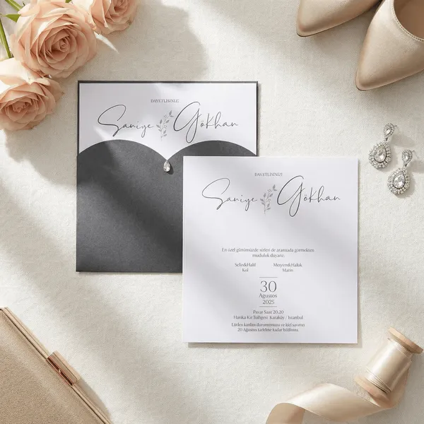 Charcoal Botanical Script Pocket Wedding Invitation