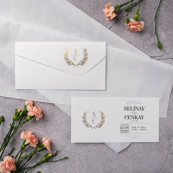 White Gold Wheat Wreath Monogram Wedding Invitation