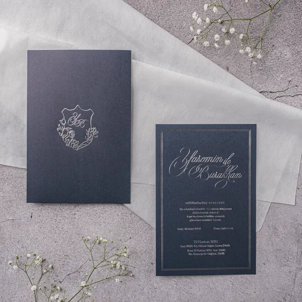 Navy White Floral Shield Crest Wedding Invitation