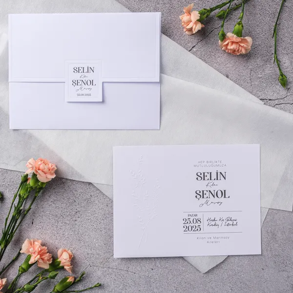 White Square Label Embossed Botanical Wedding Invitation
