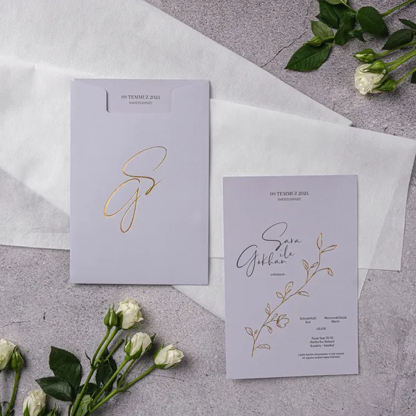 Lavender Gold Monogram Botanical Sprig Wedding Invitation