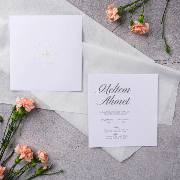 White Gold Embossed Floral Wreath Monogram Wedding Invitation