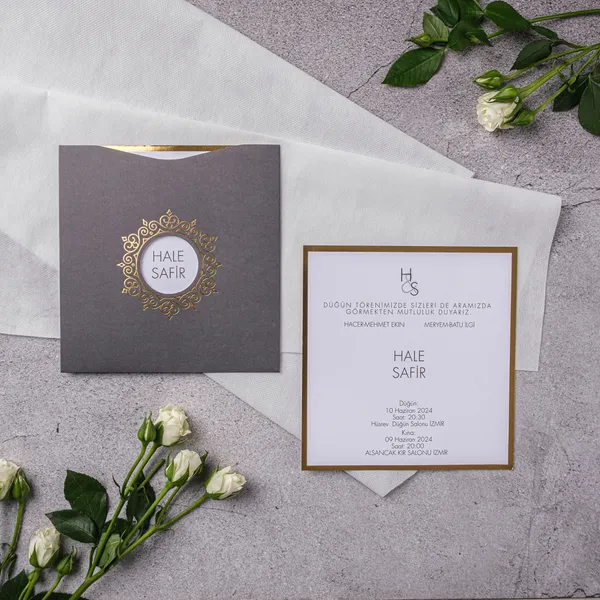 Charcoal Gold Ornate Circular Frame Wedding Invitation