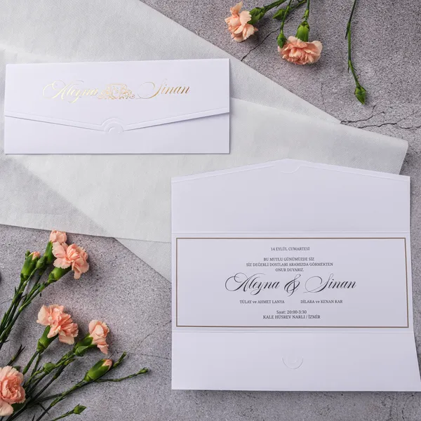 White Gold Script Ornate Divider Tri-Fold Wedding Invitation