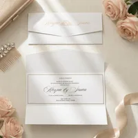 White Gold Script Ornate Divider Tri-Fold Wedding Invitation