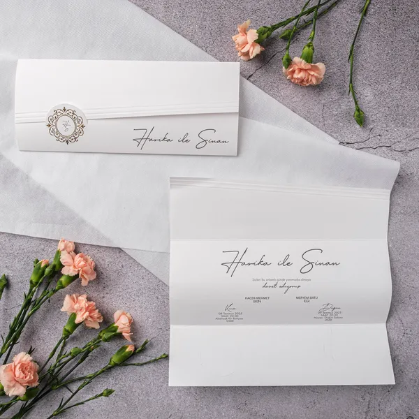 White Ornate Frame Seal Tri-Fold Wedding Invitation