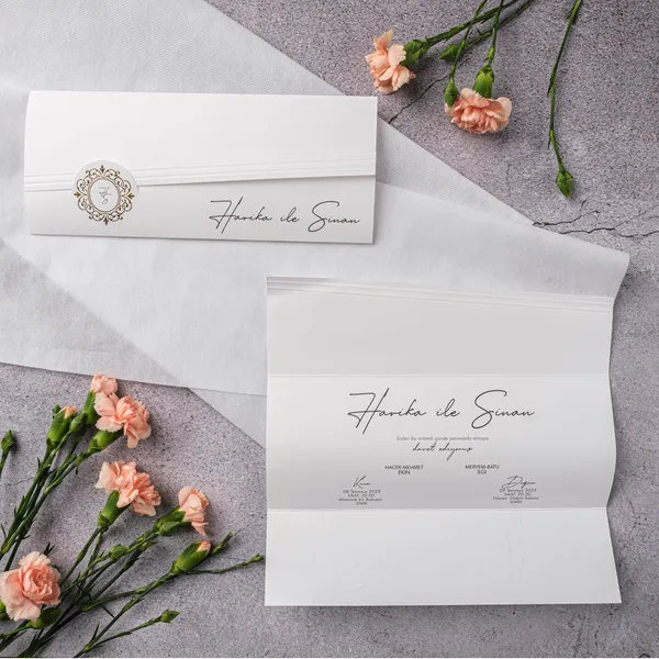White Ornate Seal Horizontal Tri-Fold Wedding Invitation