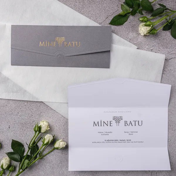 Gray Gold Tree Logo Horizontal Tri-Fold Wedding Invitation