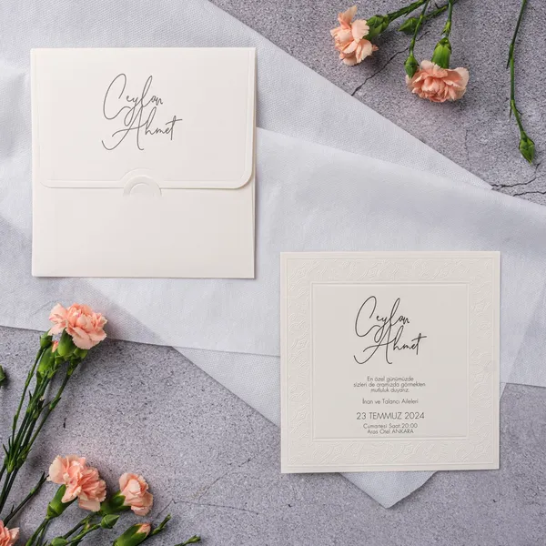 Cream Script Embossed Decorative Border Wedding Invitation