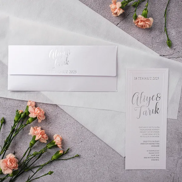 White Embossed Script Layered Frame Wedding Invitation