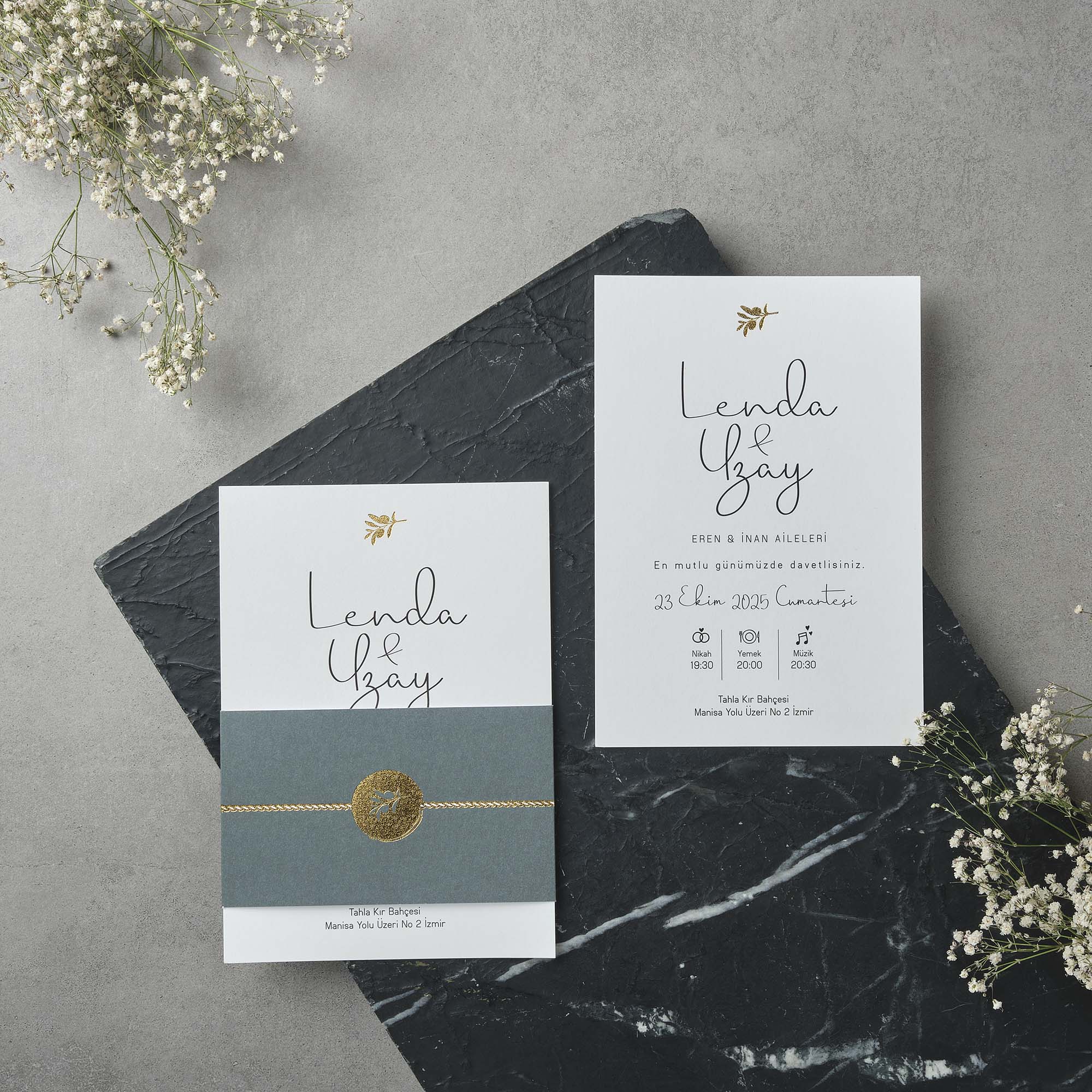 White Invitation with Slate Belly Band and Seal