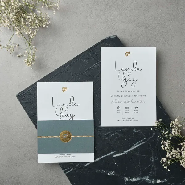 White Invitation with Slate Belly Band and Seal
