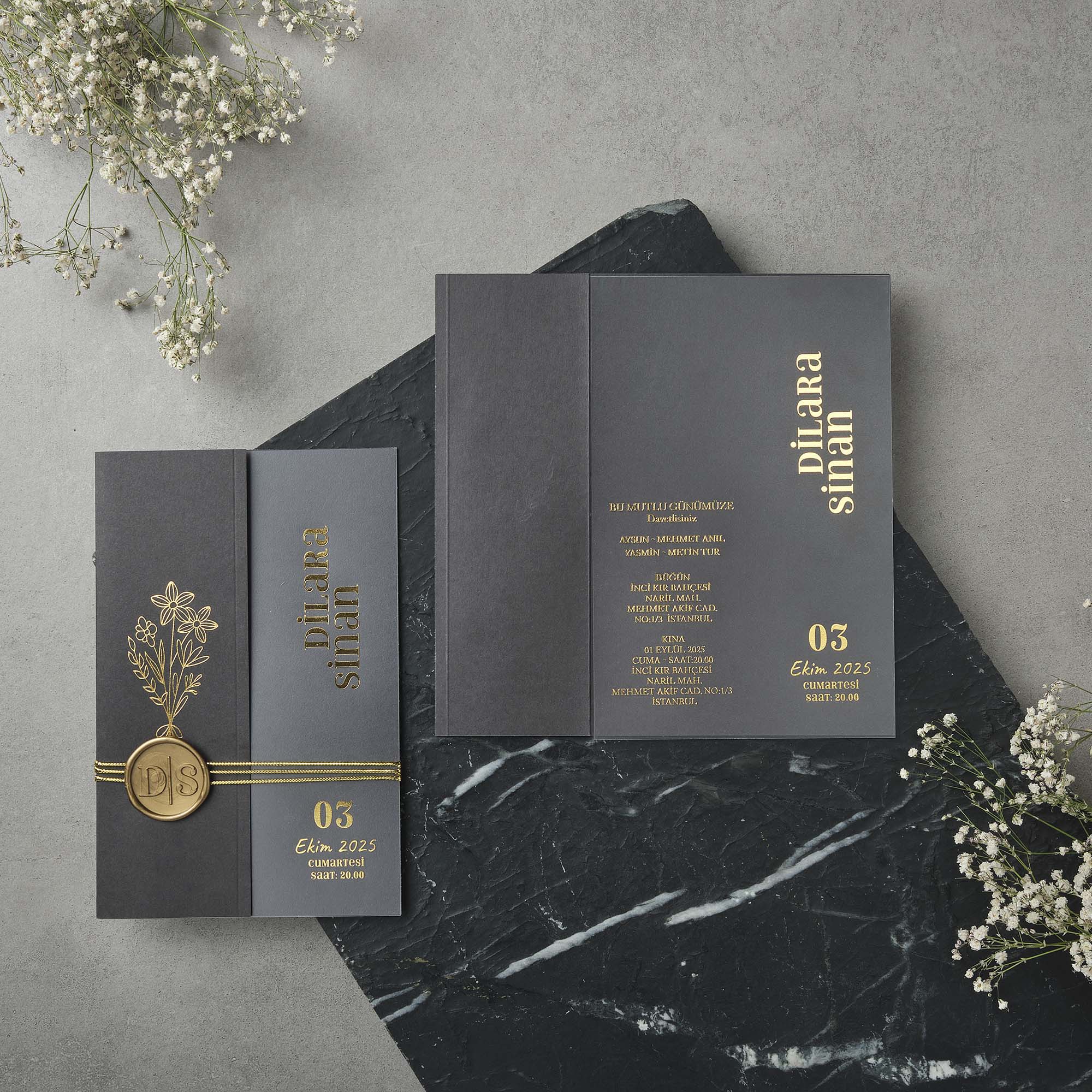 Charcoal Pocketfold Wedding Invitation with Wax Seal