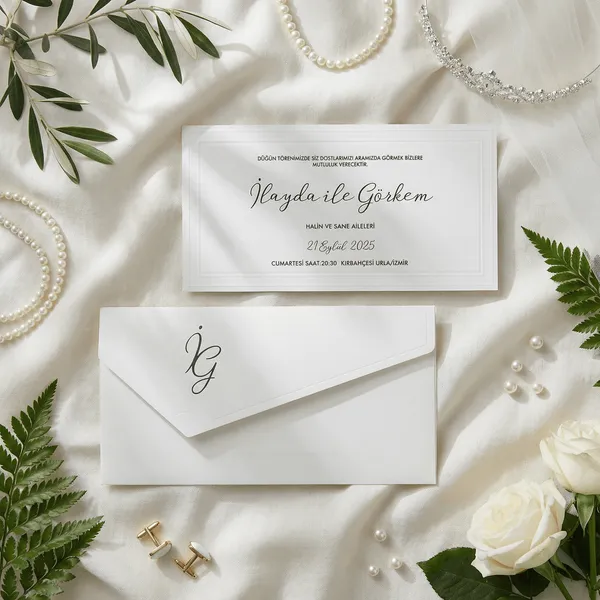 White Long Wedding Invitation with Monogram Envelope