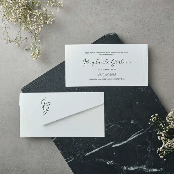 White Long Wedding Invitation with Monogram Envelope