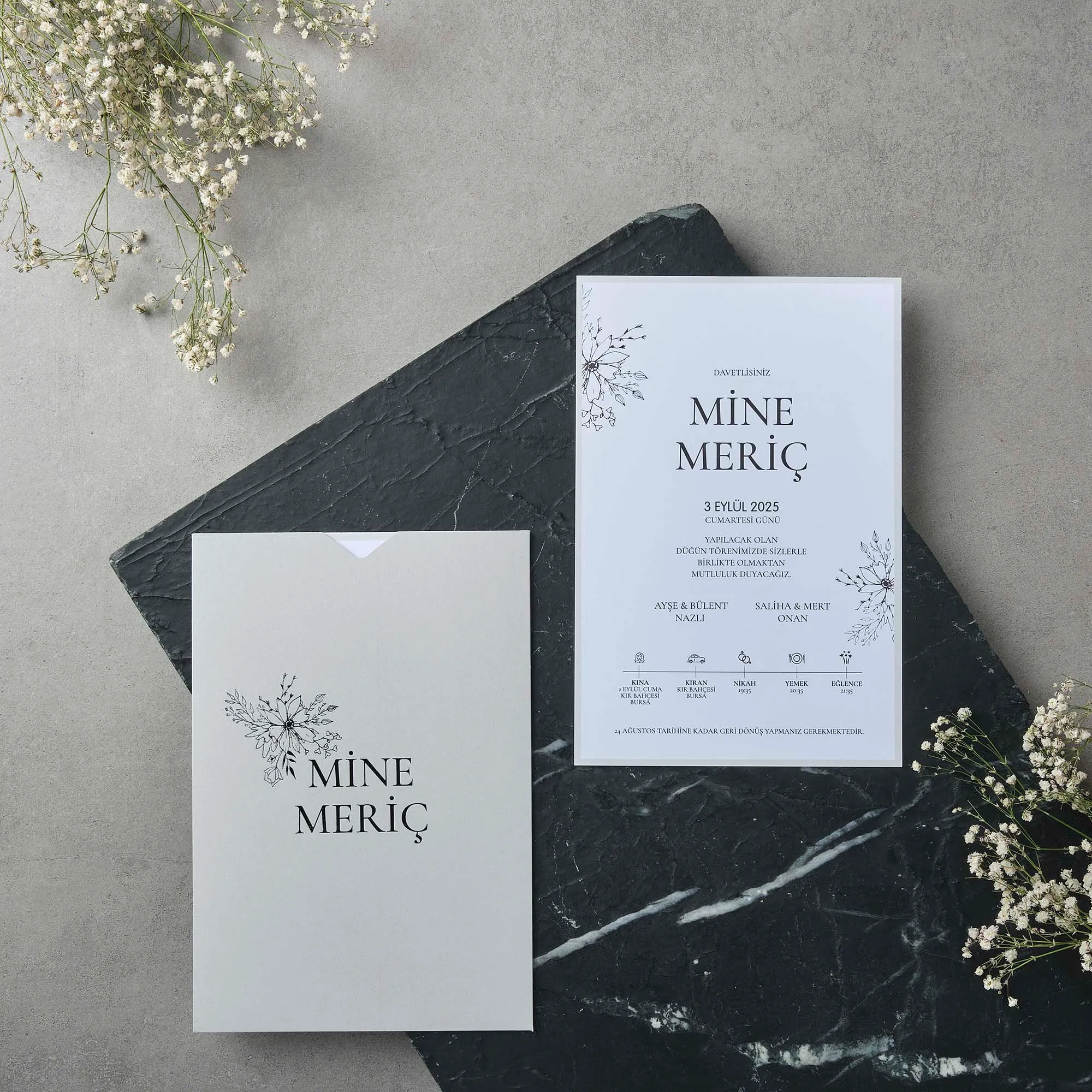 Gray Botanical Wedding Invitation with Matching Envelope