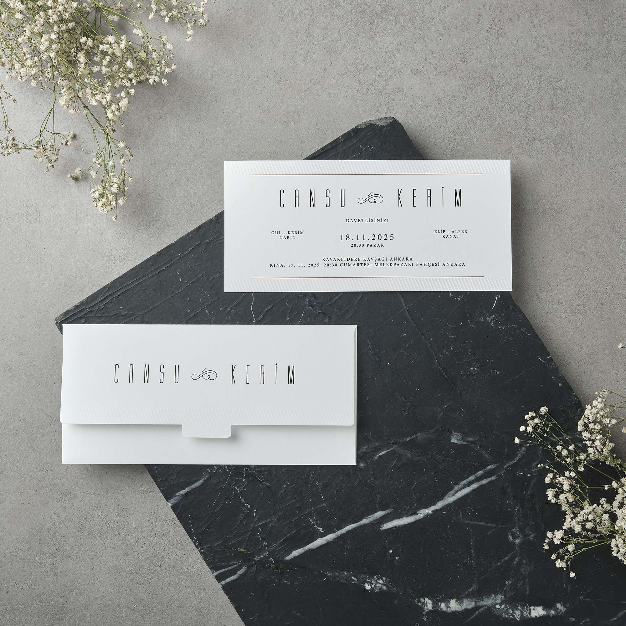 Minimal White Long Wedding Invitation with Tab Envelope
