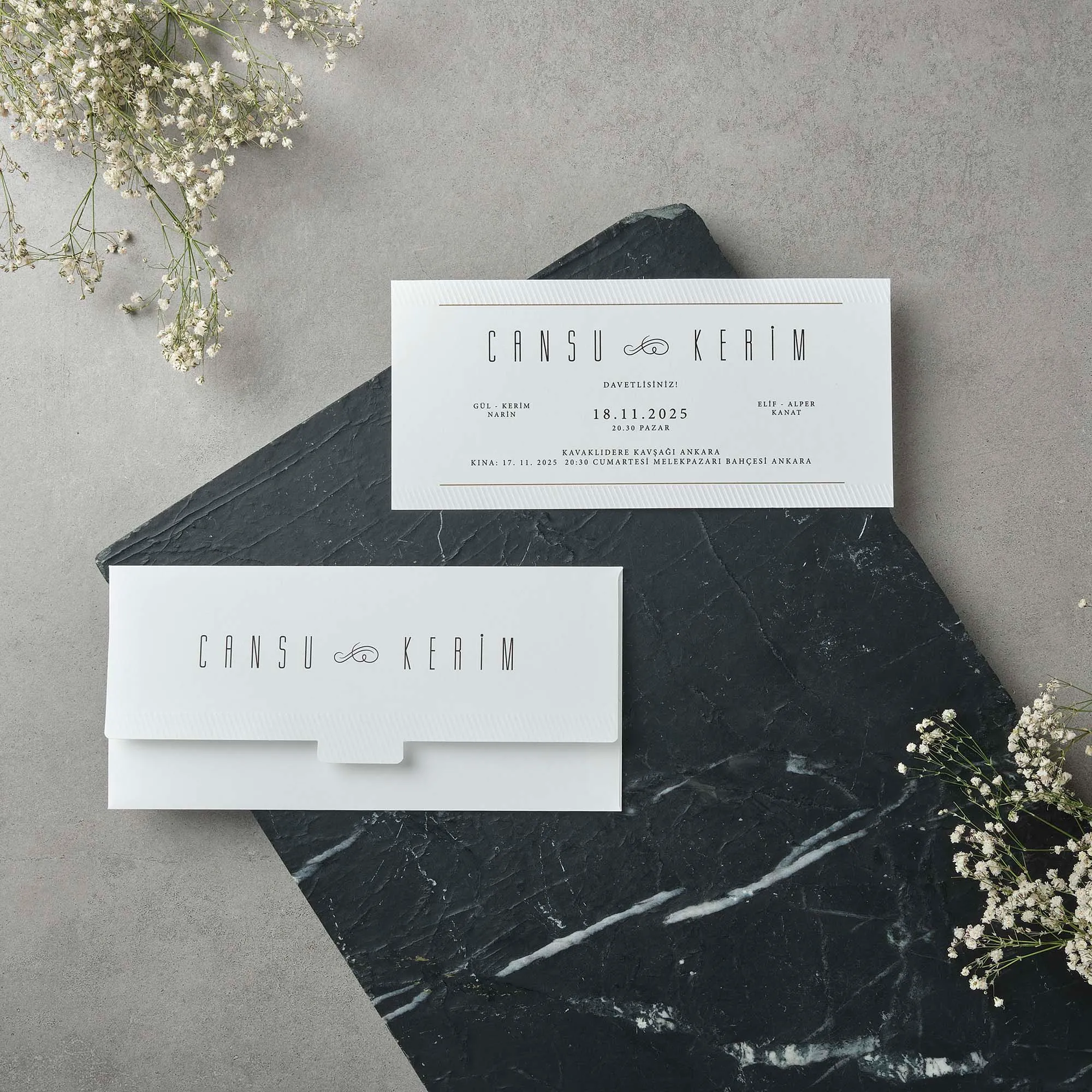 Minimal White Long Wedding Invitation with Tab Envelope