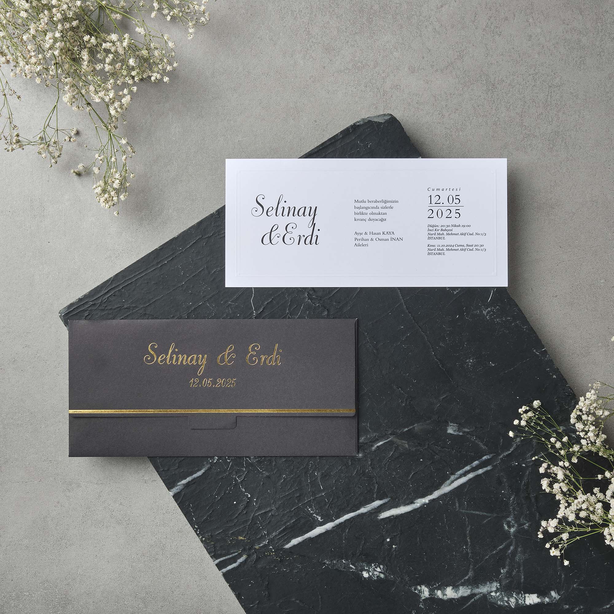 Modern Long Wedding Invitation with Gold-Accent Envelope