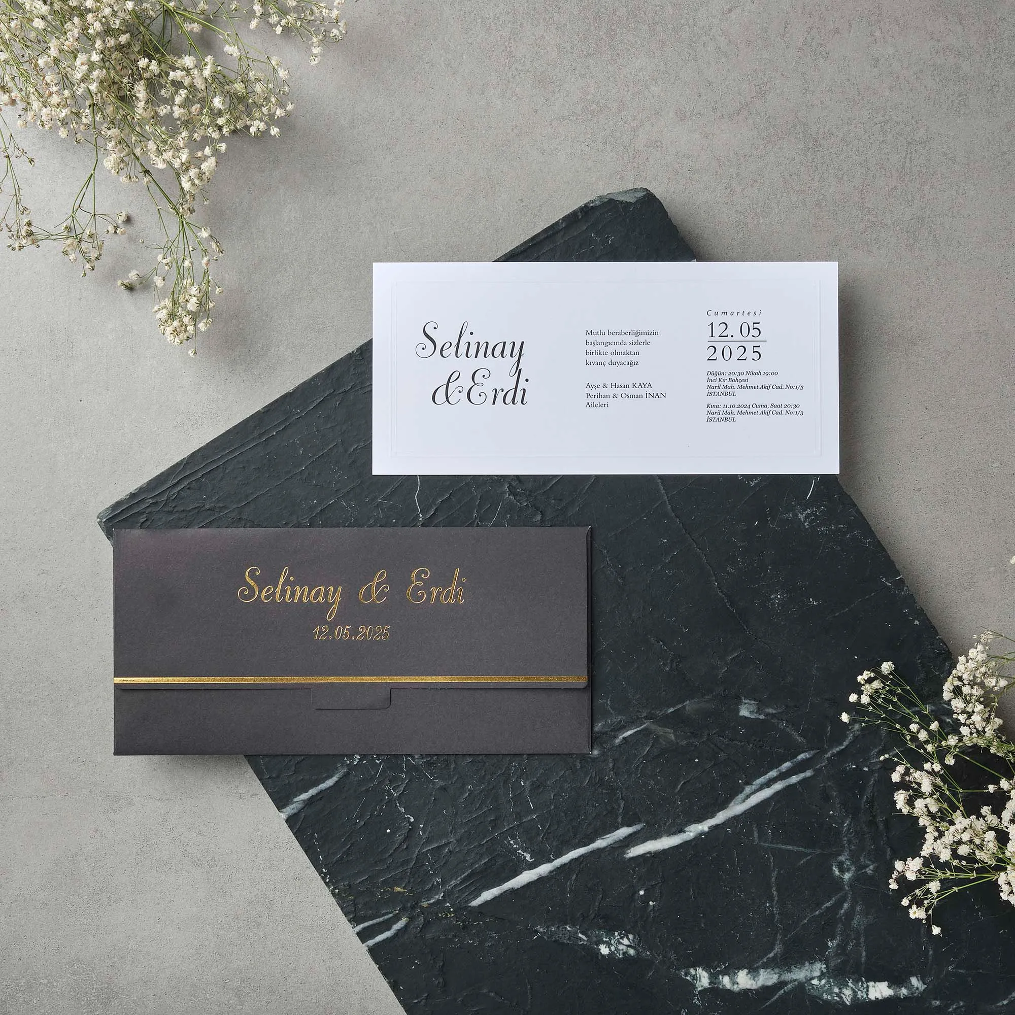 Modern Long Wedding Invitation with Gold-Accent Envelope
