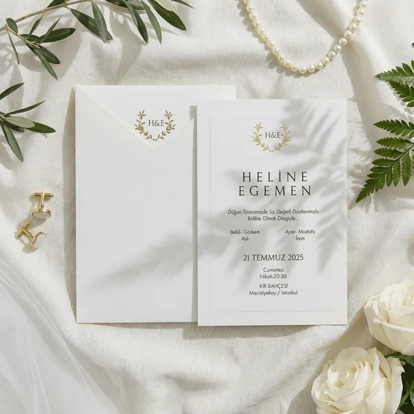 Gold Laurel Wreath Monogram Wedding Invitation