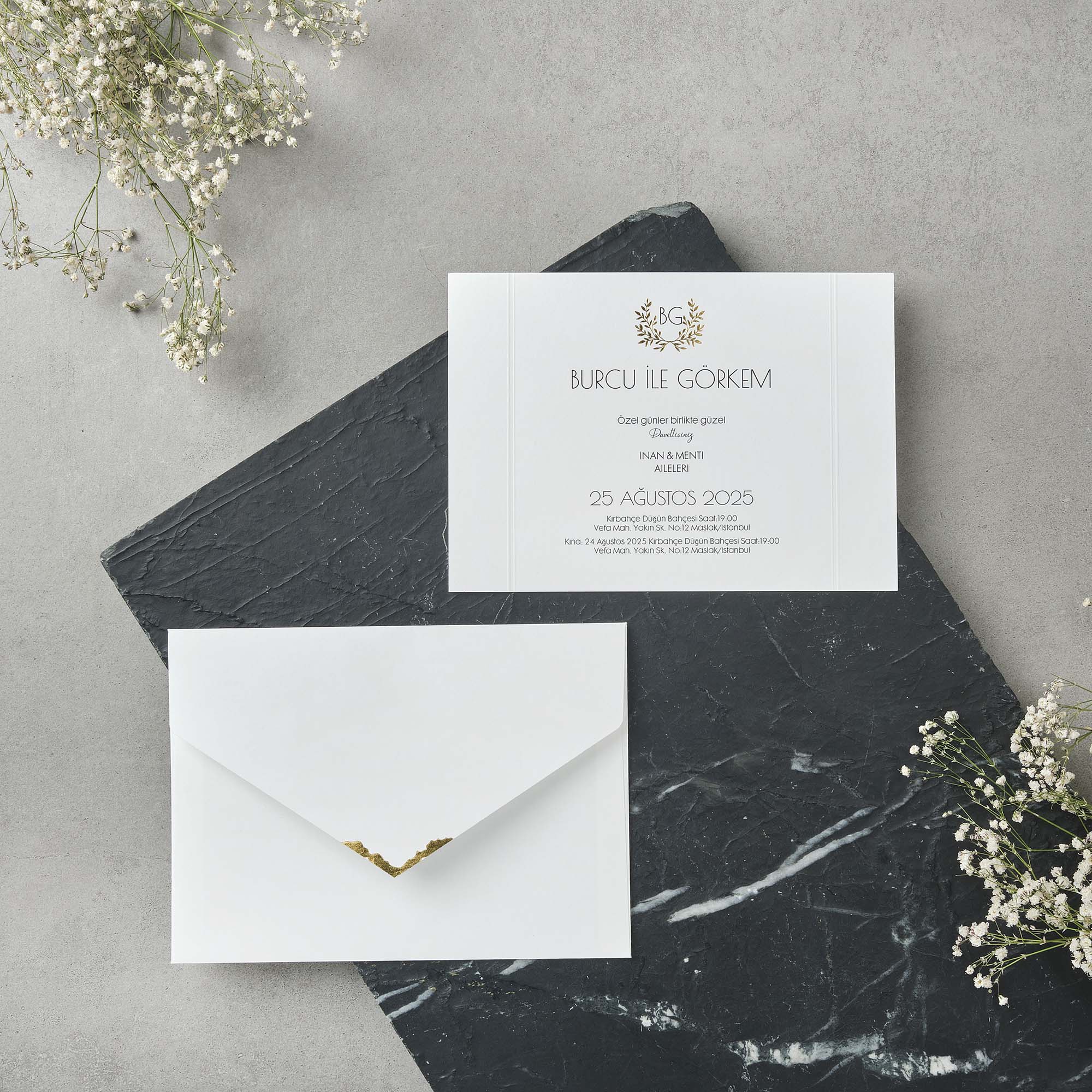 Botanical Wreath Wedding Invitation with Gold Chevron