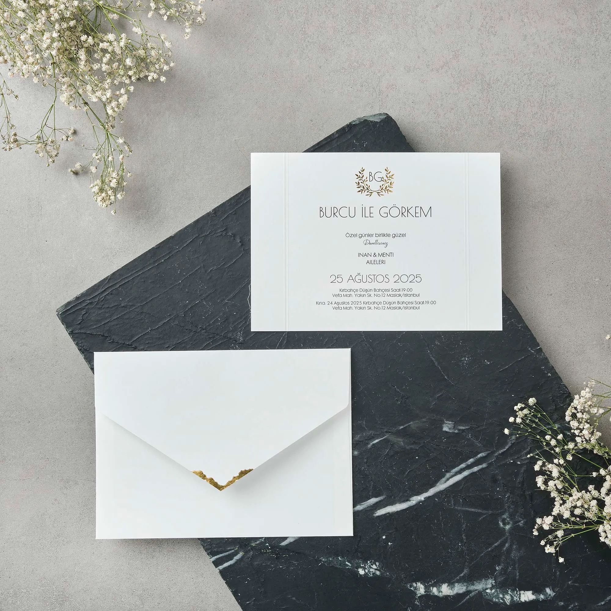 Botanical Wreath Wedding Invitation with Gold Chevron