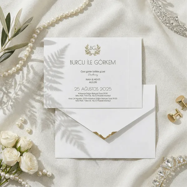 Botanical Wreath Wedding Invitation with Gold Chevron