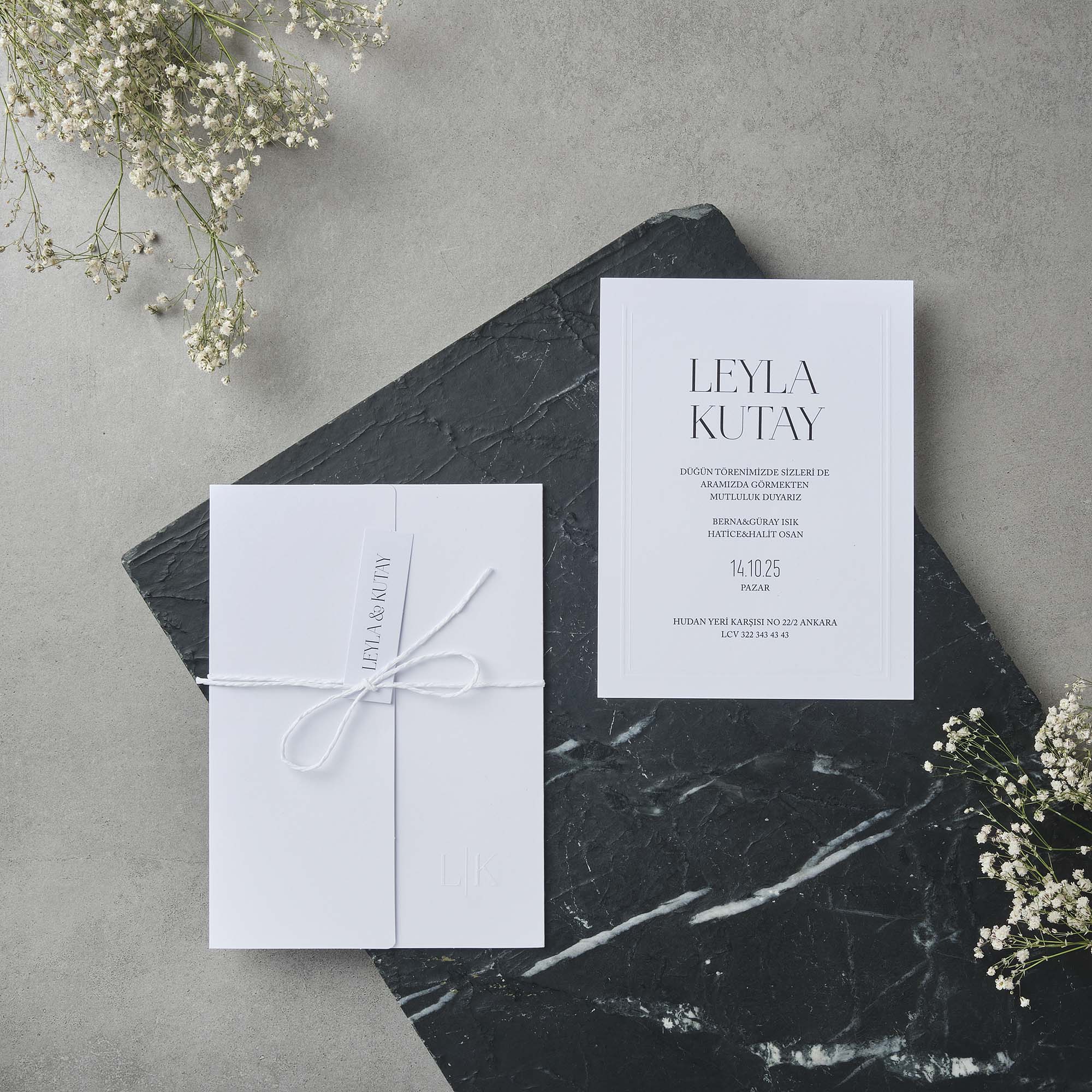 Modern Serif Wedding Invitation with Ribbon Wrap