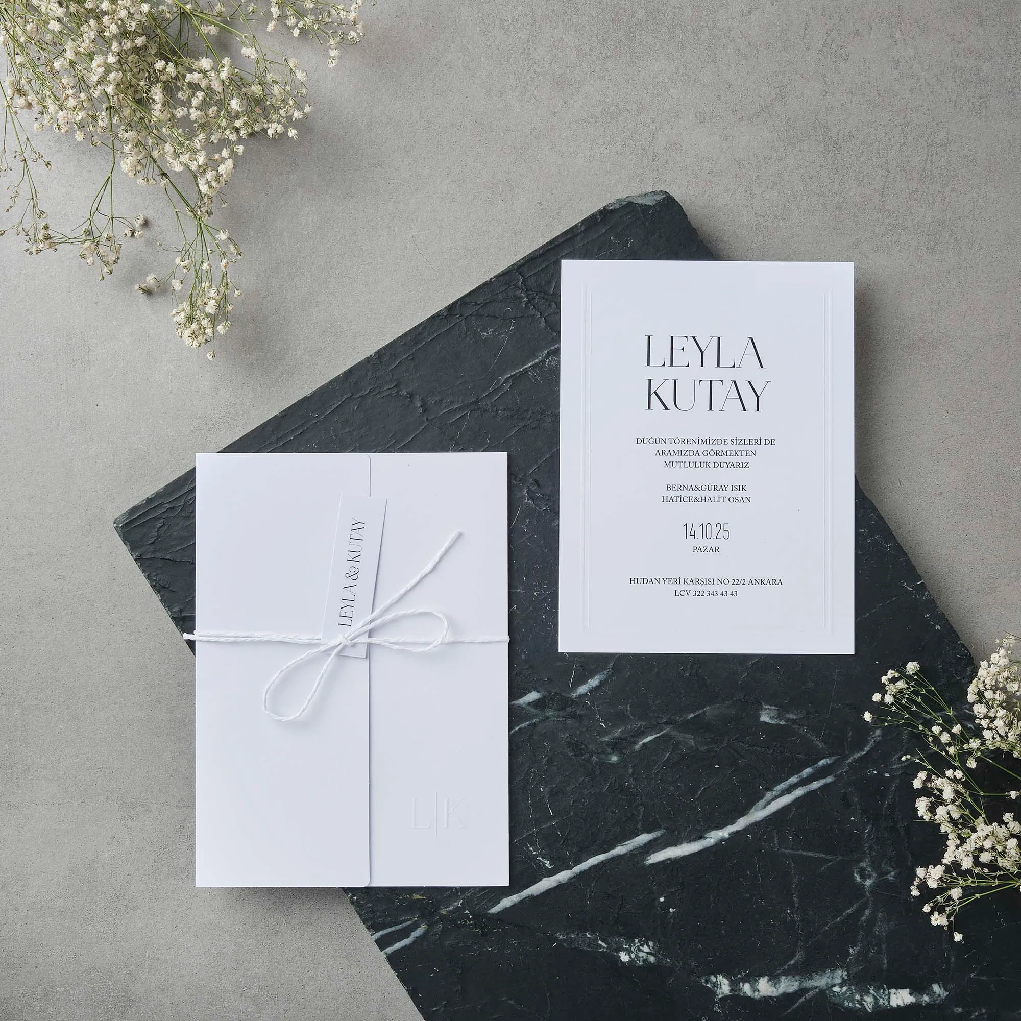 Modern Serif Wedding Invitation with Ribbon Wrap